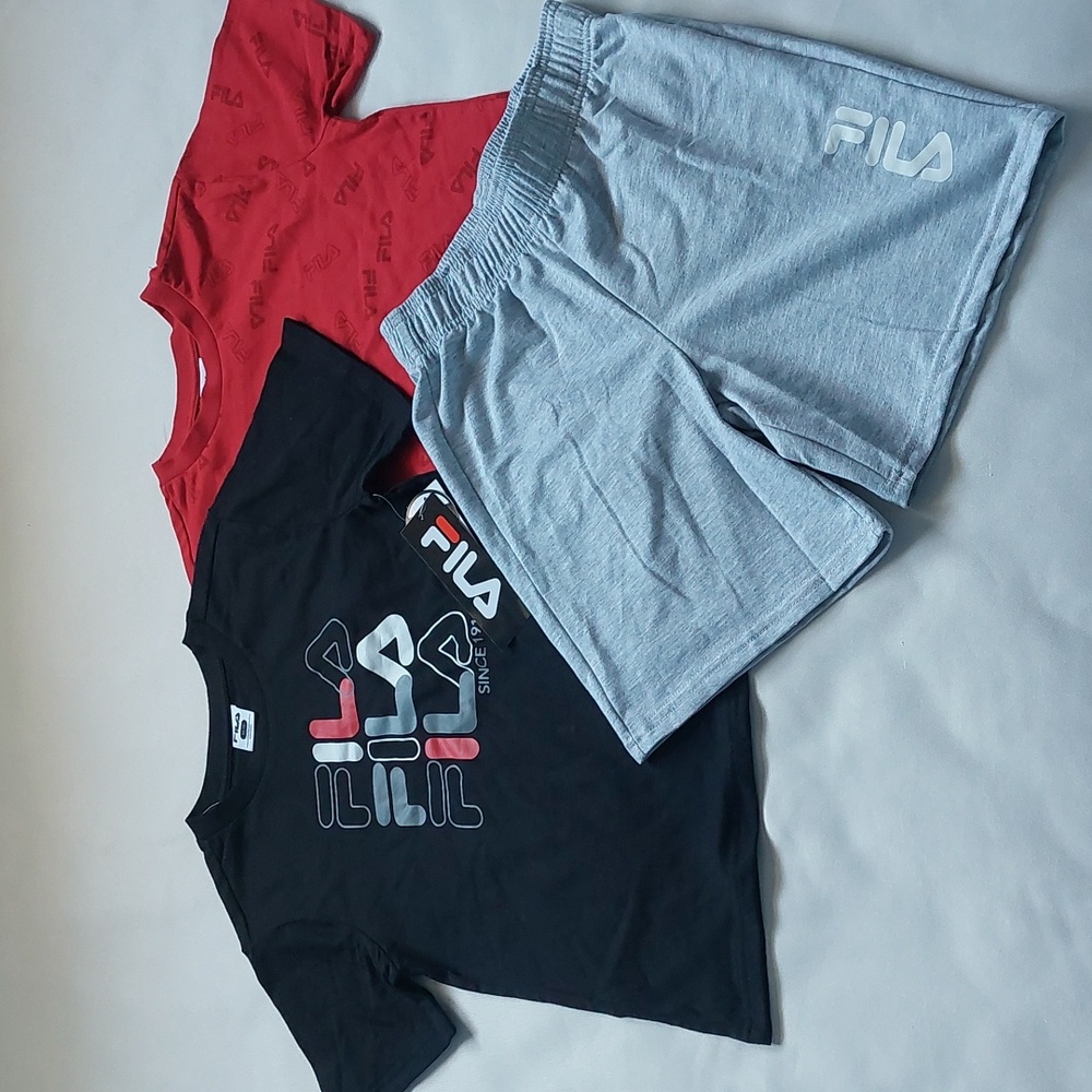 Fila Aol Boy Tee Logo 3 Piece active Set Tank Shorts Black Red Gray Size M 10